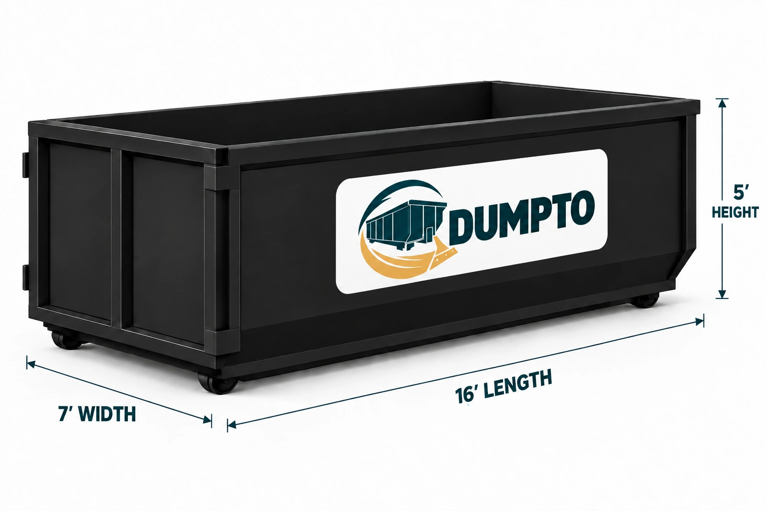 20 yard DUMPTO roll-off dumpster with 16 foot length, 7 foot width and 5 foot height