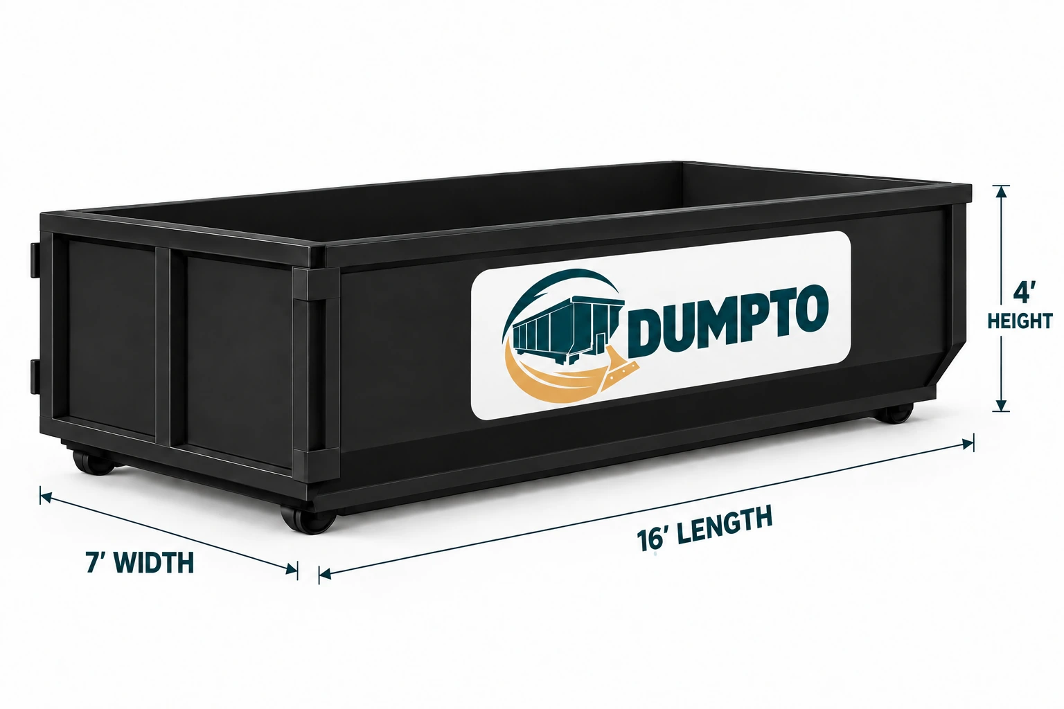 15 yard DUMPTO roll-off dumpster with dimensions L16' × W7' × H4'