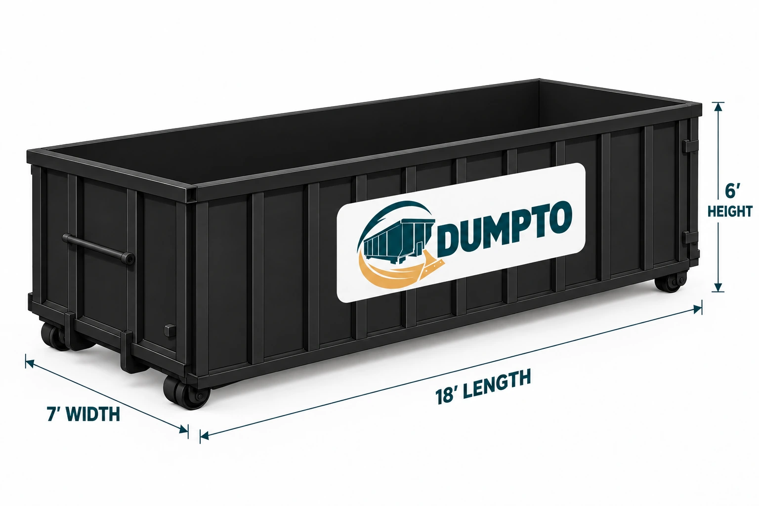 30 yard DUMPTO roll-off dumpster with dimensions L18' × W7' × H6'